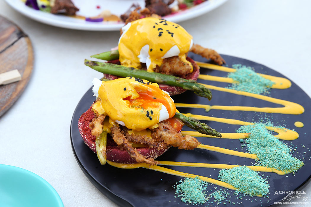 The Butler's Den - Denny Benny - Beets English muffin with soft shell crab tempura, pickled daikon and ginger, asparagus, poached eggs, turmeric hollandaise ($23)