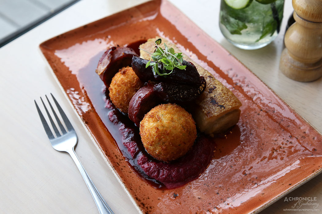 Mr Hobson - Confit pork belly - Pork roulade, chorizo and chive croquettes, roasted beets, thyme jus, beetroot puree ($33)