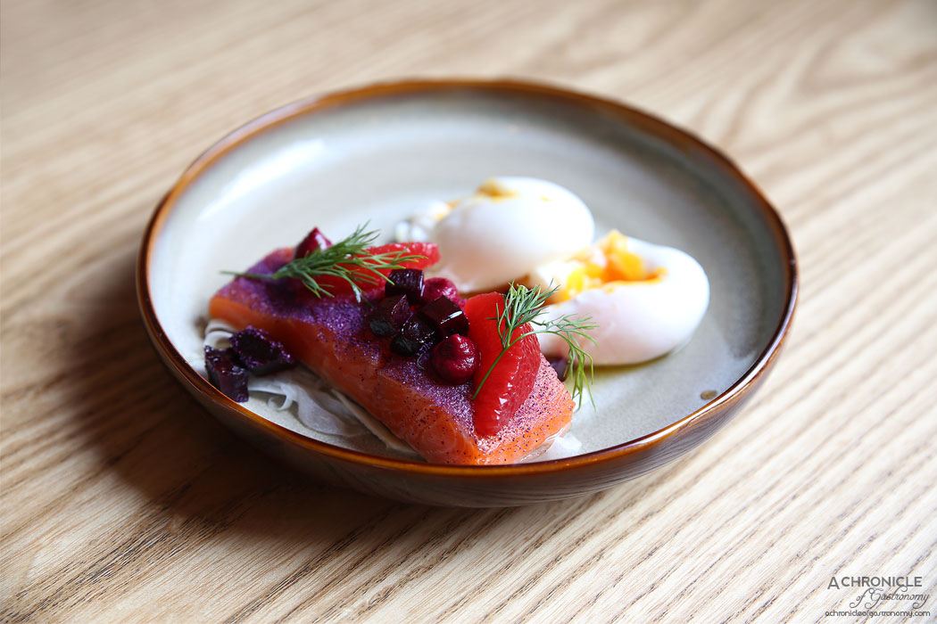 Nomada Cafe Y Tapas - Torched ocean trout, poached eggs, fennel, orange and beetroot salad ($19)