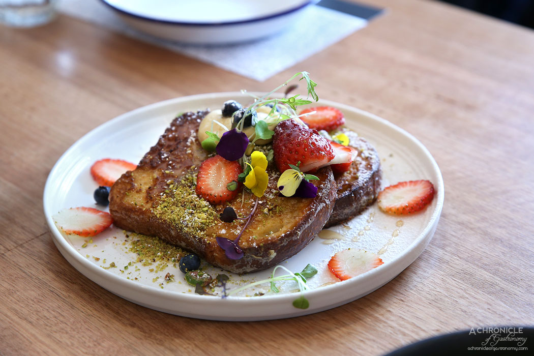 Proud Sprout - Proud Frenchie - Brioche french toast, espresso mascarpone, strawberries, pistachio crumb, maple syrup ($16)