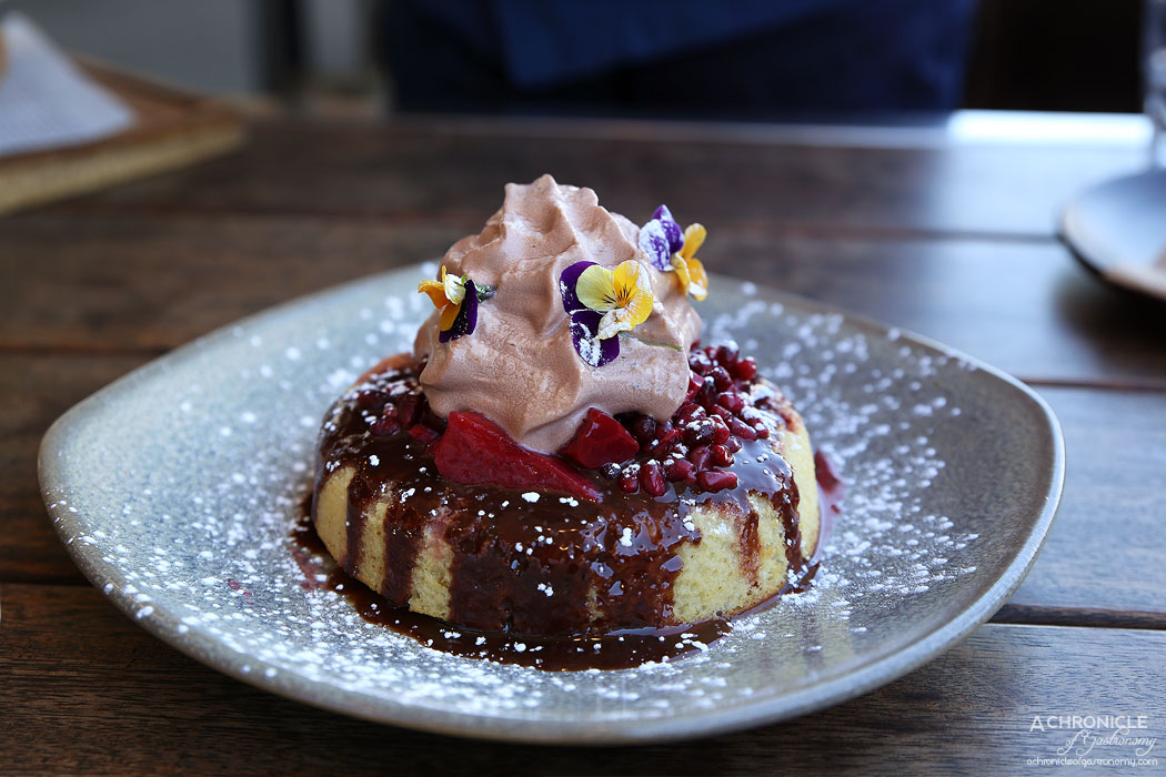 The Train Yard - Vanilla buttermilk pancake with chocolate mousse, Nutella sauce, pomegranate and strawberry syrup ($17)