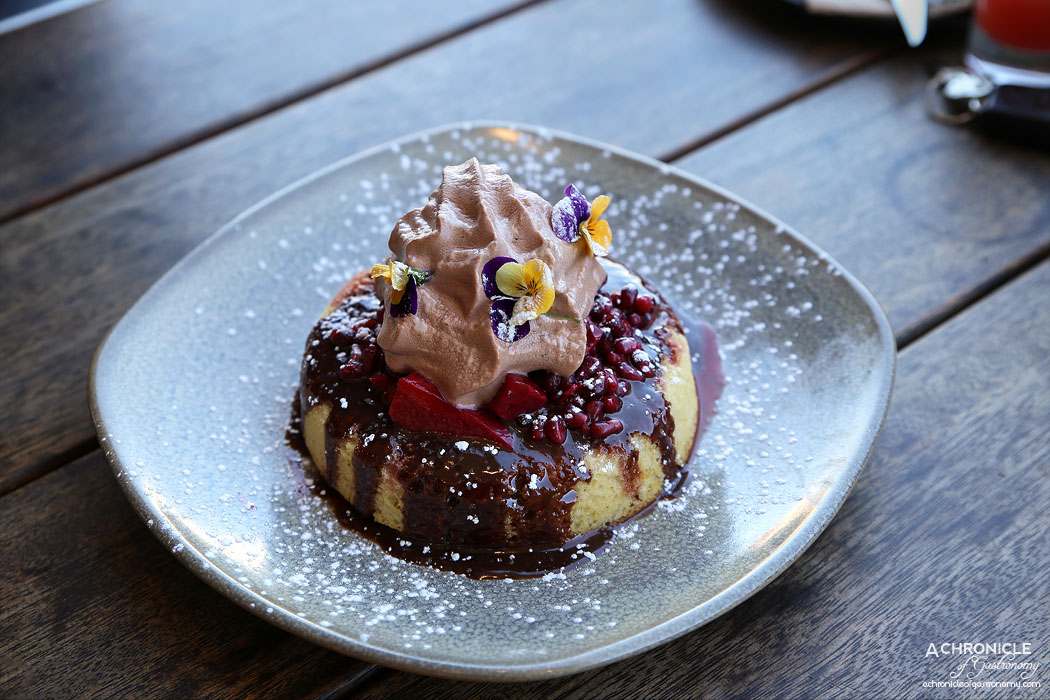 The Train Yard - Vanilla buttermilk pancake with chocolate mousse, Nutella sauce, pomegranate and strawberry syrup ($17)
