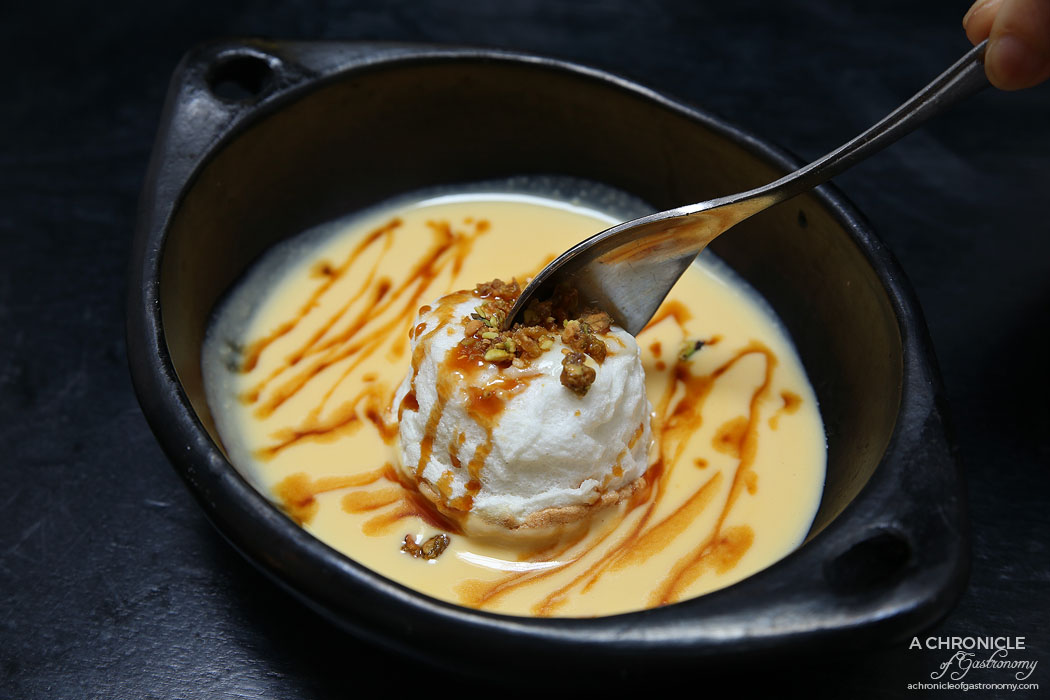 Fortify - Floating Island - Soft meringue on bed of creme anglaise, drizzled w molten caramel ($11)