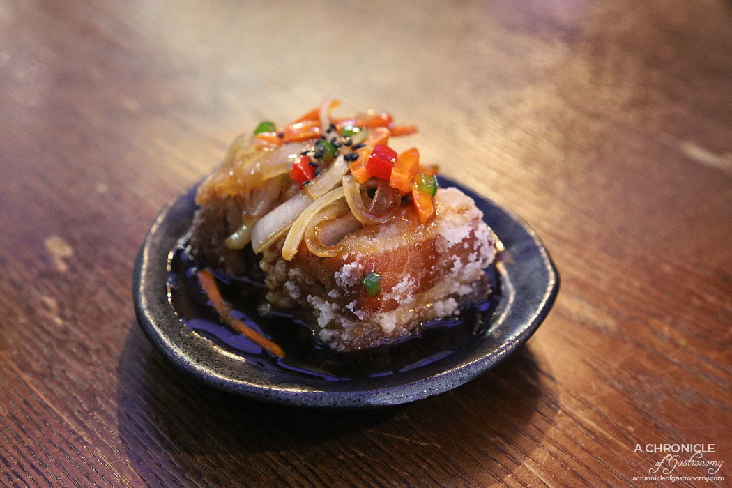 Guhng - Crispy pork belly steamed and deep fried w homemade sweet soy sauce and vegetables ($9)
