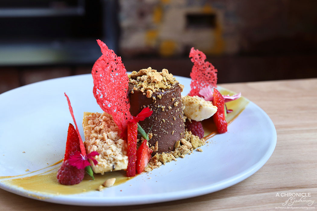Bentwood - Golden Gaytime Panna Cotta - Chocolate panna cotta, salted caramel, honeycomb biscuit crumb, roasted peanuts, banana and raspberries ($20)