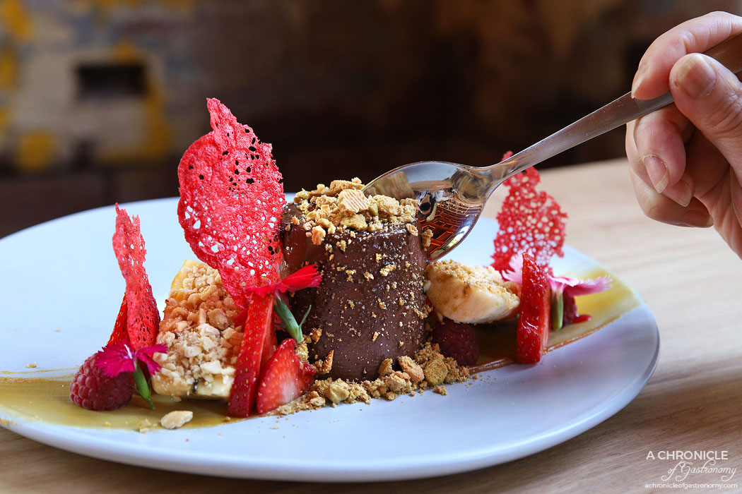 Bentwood - Golden Gaytime Panna Cotta - Chocolate panna cotta, salted caramel, honeycomb biscuit crumb, roasted peanuts, banana and raspberries ($20)