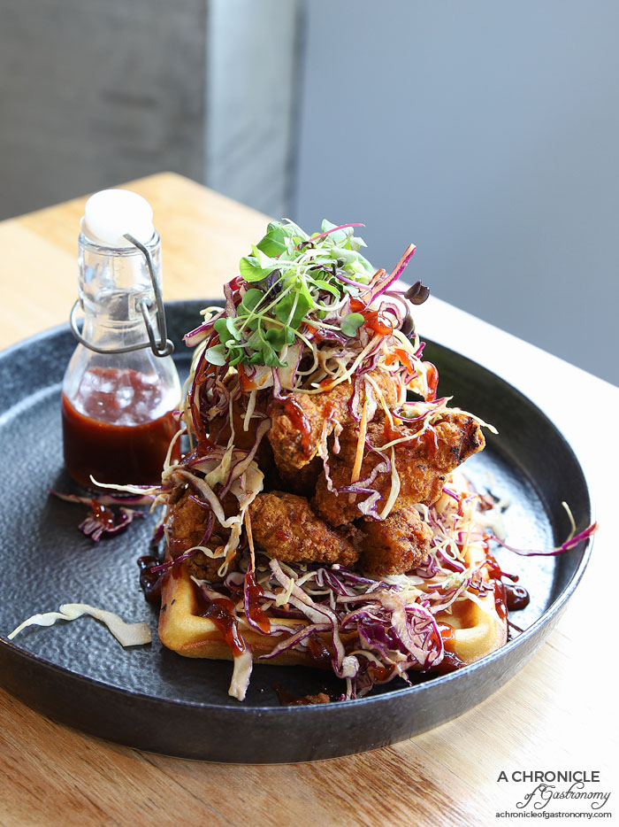 Code 21 - Crispy southern fried chicken waffles w chipotle slaw and cranberry BBQ sauce ($18.90)