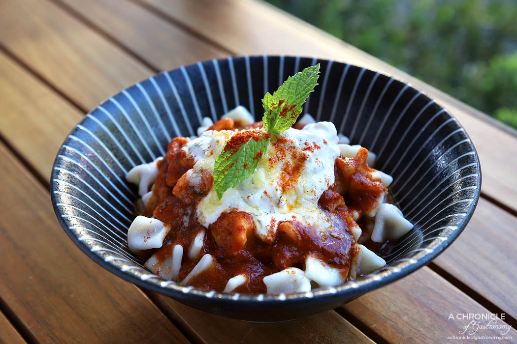 Koy - Manti - Traditional handmade Turkish ravioli filled w minced meat, topped w garlic yoghurt & red sauce ($20)