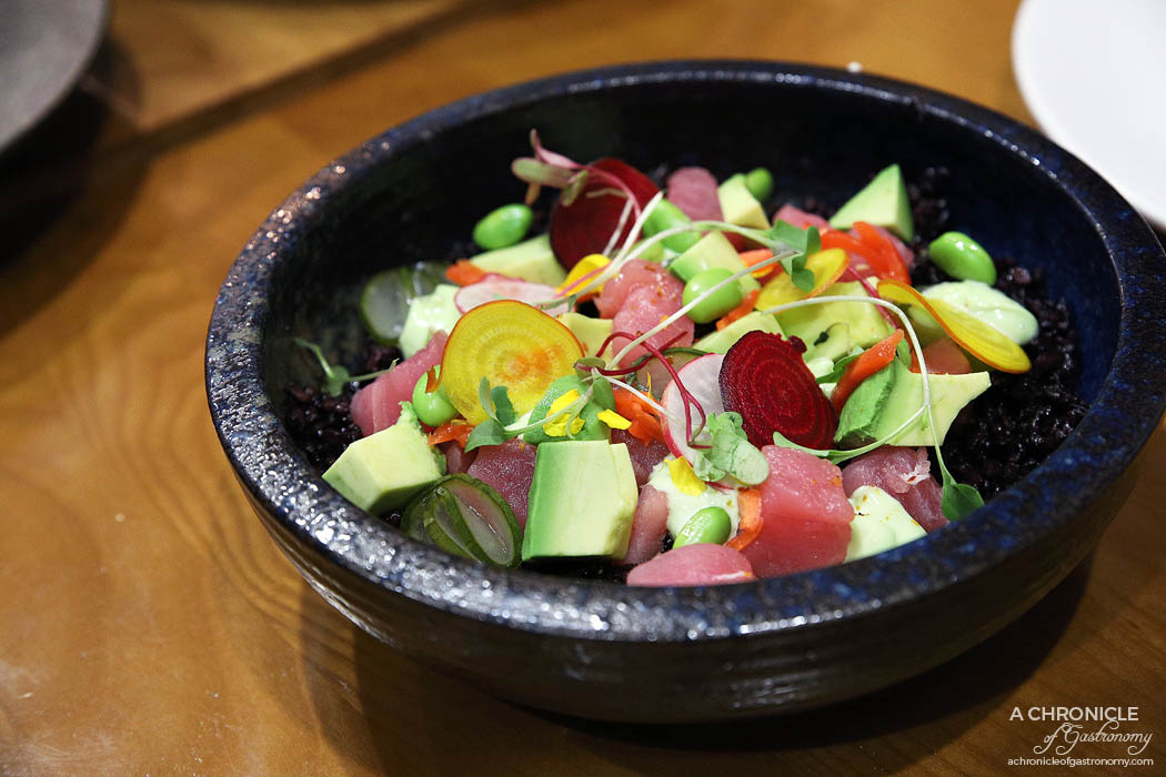 Le Clec - Hippy Bowl - Fresh tuna sashimi, diced avocado, edamame, pickled cucumber, black rice, soy, kewpie mayo ($15)