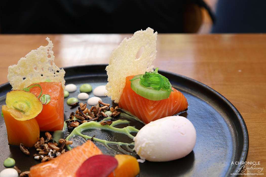 Le Clec - Ruby Grapefruit Cured Salmon - Wakame cucumber, basil mayo, goat curd, smoked pickled beetroot, puffed wild rice, brioche crisp, poached egg ($19)