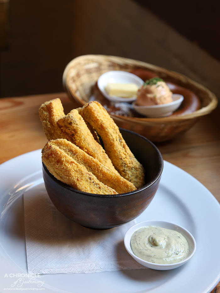Hofbrauhaus - Aubergine Pommes - Crispy eggplant chips coated in polenta, served with our Bavarian mayonnaise ($12,50) Bretzel - with butter + Obatzda - A Bavarian cheese delicacy ($6.40+$4)
