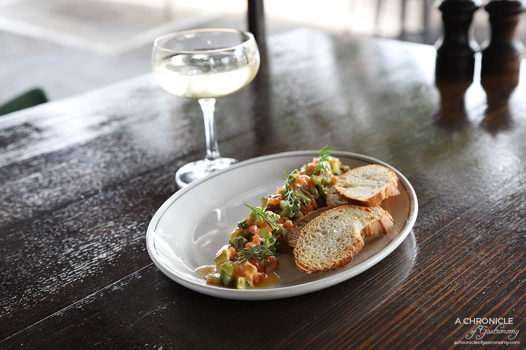 Ripponlea Food and Wine - Salmon tartare with cucumber, avocado, dill, chives, citrus dressing & house made lavosh ($16.50)