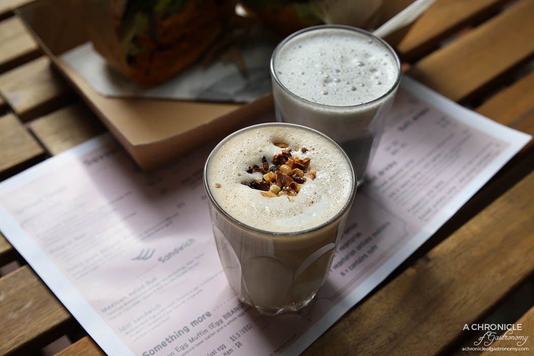 Dari Cafe - Job's tears latte w soy and walnut ($6,50 small) Black sesame latte w soy ($6,50 small)