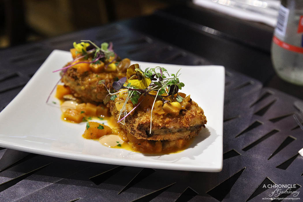 Ginger Olive - Mille Feuille of crispy eggplant w shiitake mushroom, sweet potato and corn and Japanese curry sauce