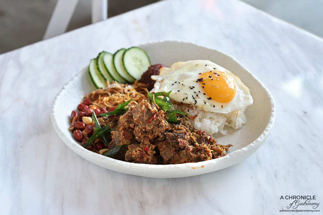 Zero Mode - Rendang Beef - Rendang wagyu curry with crispy anchovy, peanuts, cucumber, sambal, fried egg & rice ($28)